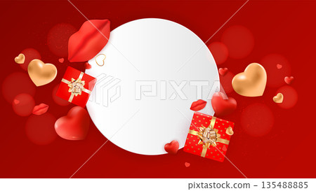 Valentine red background with hearts gifts circular frame. Vector Illustration EPS10 135488885