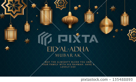 Eid al Adha greeting with lanterns teal pattern. Vector Illustration EPS10 135488893