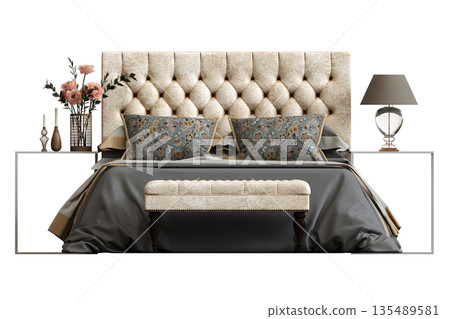 bed isolate on a transparent background, interior furniture, 3D illustration, cg render 135489581