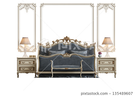 bed isolate on a transparent background, interior furniture, 3D illustration, cg render 135489607