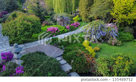 Drone view on Japanese garden oin Wroclaw 135489752