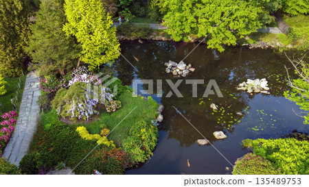 Drone view on Japanese garden oin Wroclaw. Blurred motion people taking selfies. Drone view on Japanese garden oin Wroclaw. Blurred motion people taking selfies. 135489753