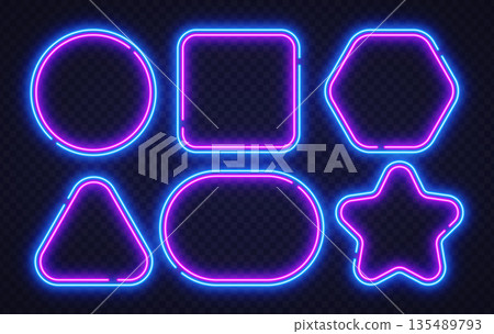 Collection of neon glowing shapes in pink and blue colors. Futuristic light icons including circle square hexagon triangle oval, and star on transparent background. Vector illustration Collection of neon glowing shapes in pink and blue colors. Futuristic light icons including circle square hexagon triangle oval, and star on transparent background. Vector illustration 135489793