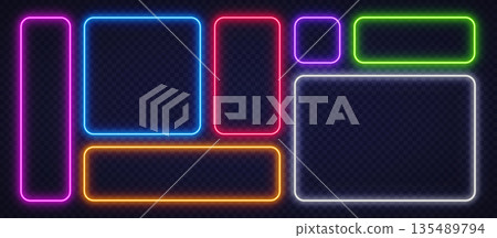 Multicolor neon frames glowing on a transparent background. Bright futuristic layout in pink, blue, red, green, orange, and white for modern digital designs. 135489794