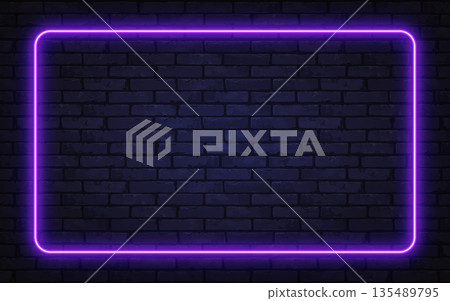 Vibrant purple neon frame glowing on a dark brick wall. The stylish contrast gives a modern, nightlife-inspired atmosphere perfect for ads and digital projects. 135489795