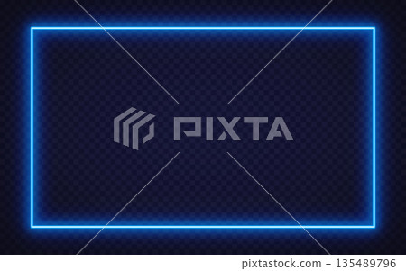 Blue neon glowing frame on a dark background, great for cyberpunk visuals or bold graphic compositions. Blue neon glowing frame on a dark background, great for cyberpunk visuals or bold graphic compositions. 135489796