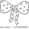 Cute Bow with Heart Pattern Black and White Outline 135489801