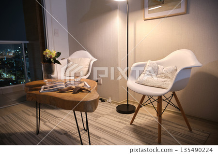 Cozy apartment living room interior with warm lighting 135490224