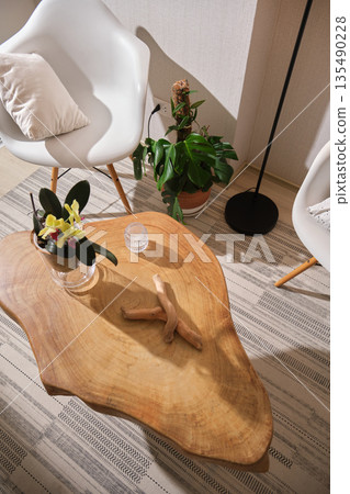 Modern living room interior featuring natural edge wood coffee table 135490228