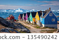 Vibrant Settlement Houses by Fjord with Snowy Mountains 135490242