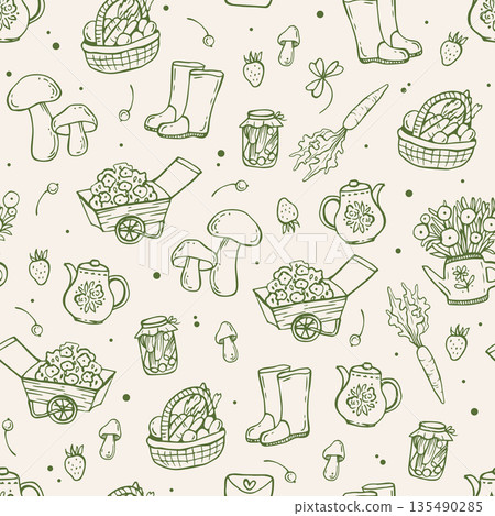 Cottagecore seamless pattern with green coquette hand drawn doodles. Gardening elegance design. Vintage cottagecore print for fabric Cottagecore seamless pattern with green coquette hand drawn doodles. Gardening elegance design. Vintage cottagecore print for fabric 135490285