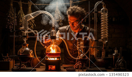A person carefully controls boiling liquid in a glass retort using gentle heat. The alchemy lab is dimly lit, showing tools and herbs hanging in the background. 135490323