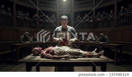 Surgeon moves scalpel along cadaver in a lecture hall. Students sit around the room and watch the procedure closely. The scene captures a moment of surgical education. 135490324