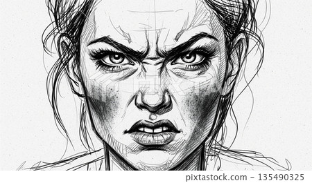 A sketch shows a face depicting anger with bold lines. The person looks upset with furrowed brows and a tight mouth. The drawing highlights facial features clearly. 135490325