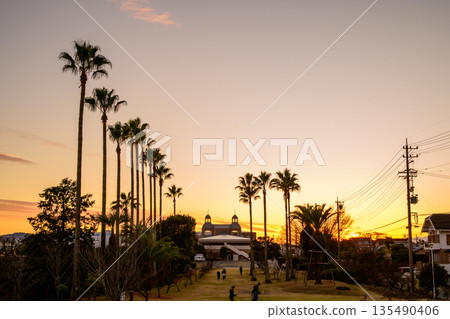 異國風情的日本日落，路燈桿指向的景色。幾乎是加利福尼亞，但卻是日本。 135490406