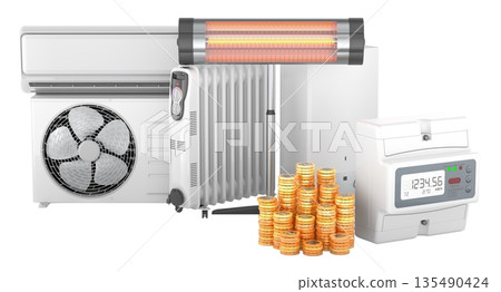 Electric heating cooling appliances with electric meter and stacks of coins symbolizing rising electricity bills and energy costs, 3d rendering 135490424