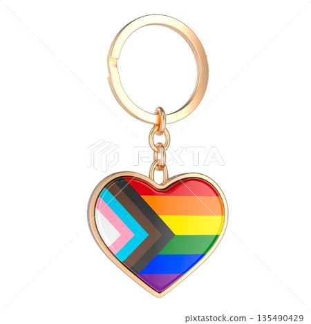 Heart keychain with LGBTQ progress pride flag. 3D rendering 135490429