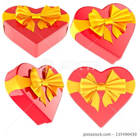 Heart shaped gift box with yellow ribbon bow, different angle views. 3D rendering 135490430