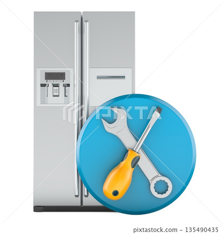 Refrigerator with repair and service icon. 3D rendering Refrigerator with repair and service icon. 3D rendering 135490435