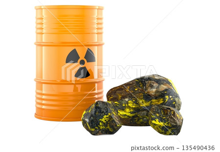Uranium barrel with radiation symbol and uranium ore rocks. 3D rendering Uranium barrel with radiation symbol and uranium ore rocks. 3D rendering 135490436