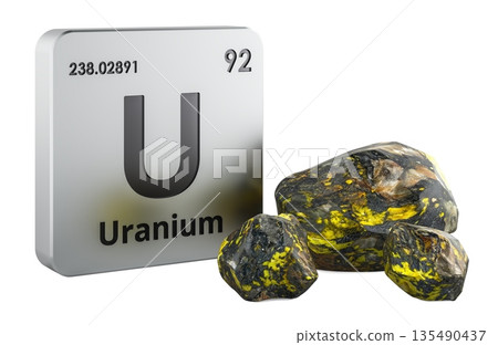Uranium chemical element symbol with uranium ore, 3D rendering Uranium chemical element symbol with uranium ore, 3D rendering 135490437