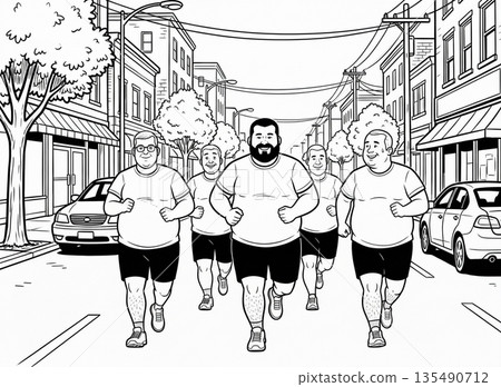 胖男人在城市裡奔跑的線條畫插圖（減肥/著色書） 135490712