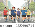 在城市裡跑步的胖子們（飲食與運動插畫） 135490714
