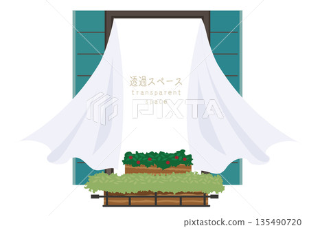 窗框材質:隨風飄動的白色窗簾和透明的窗戶 窗框材質:隨風飄動的白色窗簾和透明的窗戶 135490720