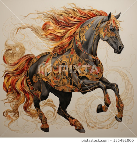 Majestic Horse with Fiery Mane and Ornate Gold Adornments, Fantasy Art Illustration 135491000