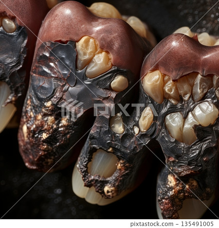 Extreme Close-Up of Decayed Teeth A Dental Health Nightmare Depicting Neglect and Disease 135491005
