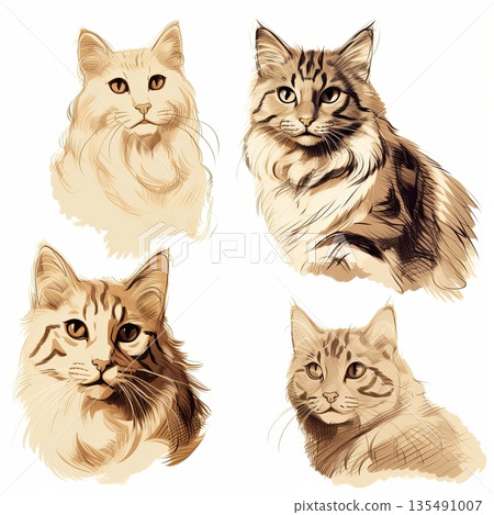 Four Feline Friends A Collection of Beautiful Cat Portraits in Sepia Tones, Artistic Style Four Feline Friends A Collection of Beautiful Cat Portraits in Sepia Tones, Artistic Style 135491007