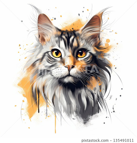 Majestic Maine Coon Cat Portrait with Watercolor Splashes, Intense Gaze, and Striking Details Majestic Maine Coon Cat Portrait with Watercolor Splashes, Intense Gaze, and Striking Details 135491011