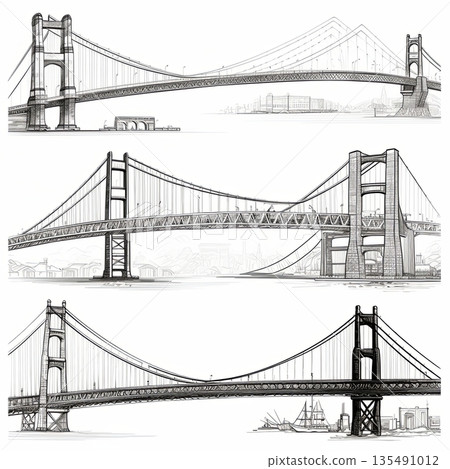 Golden Gate Bridge Sketch Trio A San Francisco Icon in Three Artistic Renderings 135491012
