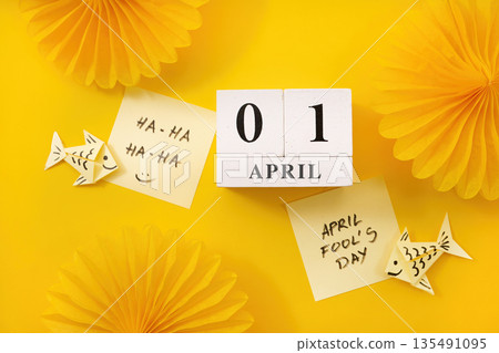 April fool's day calendar with origami fish and notes 135491095