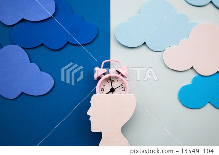 Brain silhouette having alarm clock for time management 135491104