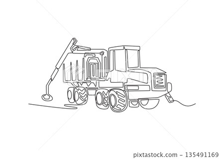 Continuous one line drawing large agricultural transport or utility vehicle. Multi-wheel chassis, functional cargo or processing body for industrial use. Single line design vector graphic illustration Continuous one line drawing large agricultural transport or utility vehicle. Multi-wheel chassis, functional cargo or processing body for industrial use. Single line design vector graphic illustration 135491169