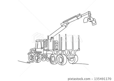 Continuous one line drawing forestry harvester or logging forwarder. Articulated crane, specialized machinery for wood harvesting, transportation. Single line draw design vector graphic illustration Continuous one line drawing forestry harvester or logging forwarder. Articulated crane, specialized machinery for wood harvesting, transportation. Single line draw design vector graphic illustration 135491170