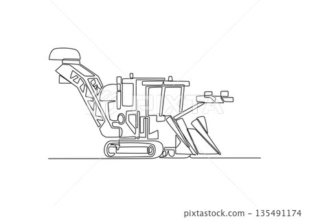 Continuous one line drawing sugarcane harvester or similar track-mounted industrial farm machine. Modern agricultural engineering, automation theme. Single line draw design vector graphic illustration Continuous one line drawing sugarcane harvester or similar track-mounted industrial farm machine. Modern agricultural engineering, automation theme. Single line draw design vector graphic illustration 135491174