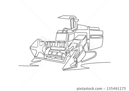 Continuous one line drawing specialized harvesting machine, rice, small-grain combine. Intricate front processing unit, precision farming equipment. Single line draw design vector graphic illustration 135491175
