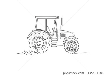 Single one line drawing professional modern agricultural tractor with a driver cab and large treaded tires. Farm vehicle for rural harvesting. Continuous line draw design graphic vector illustration Single one line drawing professional modern agricultural tractor with a driver cab and large treaded tires. Farm vehicle for rural harvesting. Continuous line draw design graphic vector illustration 135491186