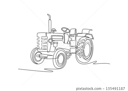 Single one line drawing classic style farm tractor without a cabin. Iconic silhouette of rural machinery and rugged agricultural wheels. Modern continuous line draw design graphic vector illustration Single one line drawing classic style farm tractor without a cabin. Iconic silhouette of rural machinery and rugged agricultural wheels. Modern continuous line draw design graphic vector illustration 135491187