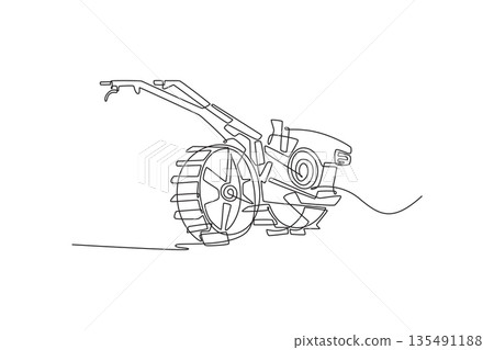 Single one line drawing compact manual power tiller or soil cultivator, highlighting its engine component and front-facing treaded wheel. Modern continuous line draw design graphic vector illustration Single one line drawing compact manual power tiller or soil cultivator, highlighting its engine component and front-facing treaded wheel. Modern continuous line draw design graphic vector illustration 135491188