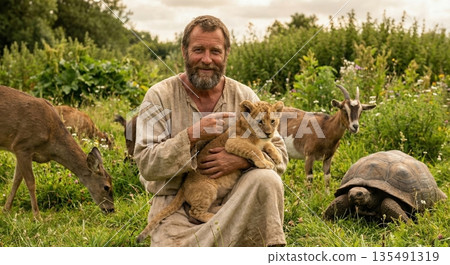 A man representing Adam holds a baby lion while surrounded by various animals. The setting showcases a lush garden with greenery and wildlife. Nature thrives in this moment of togetherness. A man representing Adam holds a baby lion while surrounded by various animals. The setting showcases a lush garden with greenery and wildlife. Nature thrives in this moment of togetherness. 135491319