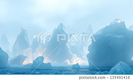 Frozen Crystal Landscape: Icebergs in a Cold, Misty Realm 135491418