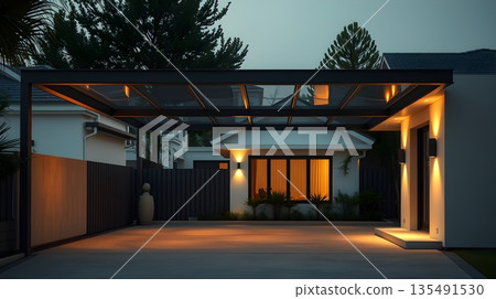 Modern Carport with Warm Lighting at Dusk 135491530