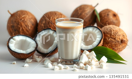 Coconut Milk and Fresh Coconuts Still Life Arrangement 135491531