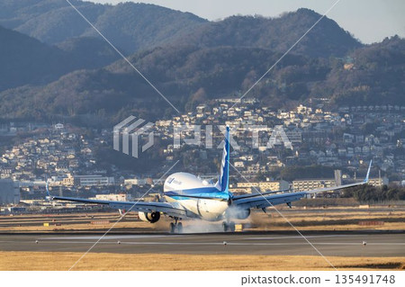 Osaka Airport (Itami Airport) in the evening. A plane is landing. Toyonaka City, Osaka Prefecture. Osaka Airport (Itami Airport) in the evening. A plane is landing. Toyonaka City, Osaka Prefecture. 135491748