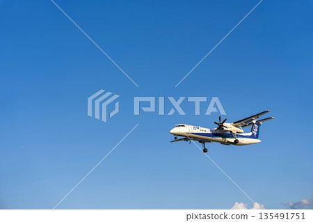 傍晚的大阪機場（伊丹機場）。一架飛機正在降落。大阪府豐中市。 135491751