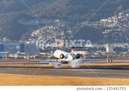 傍晚的大阪機場（伊丹機場）。一架飛機正在降落。大阪府豐中市。 135491755