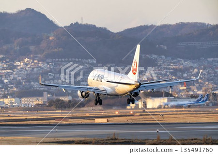 傍晚的大阪機場（伊丹機場）。一架飛機正在降落。大阪府豐中市。 135491760